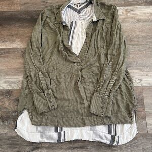 Free People Olive Stripe V-Neck Tunic with Layered Hem like new size L
